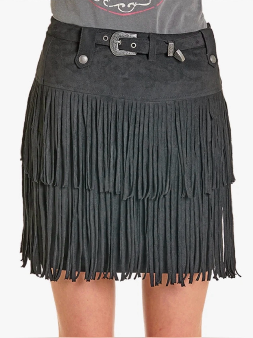 Rock & Roll Denim Fringe Microsuede Skirt